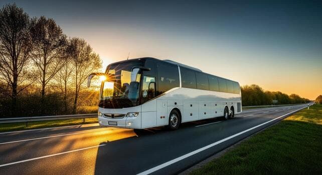 Premium bus journey through stunning Indian landscape at golden hour